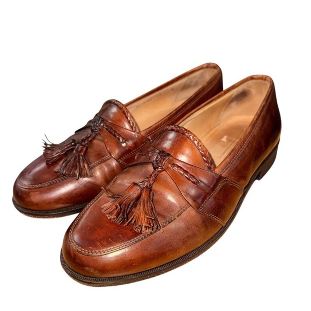 Johnston & Murphy Loafers Mens 8.5W Pre-Owned Brown Tassel Braided Leather Italy - Picture 6 of 16